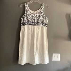 LOFT White  Linen Cotton Blend Dress with Blue Embroidery Size 6
